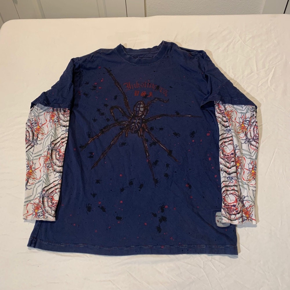 Inkstingers USA Mens 2XL Navy Blue Spider Skull Layered Long Sleeve Graphic Tee